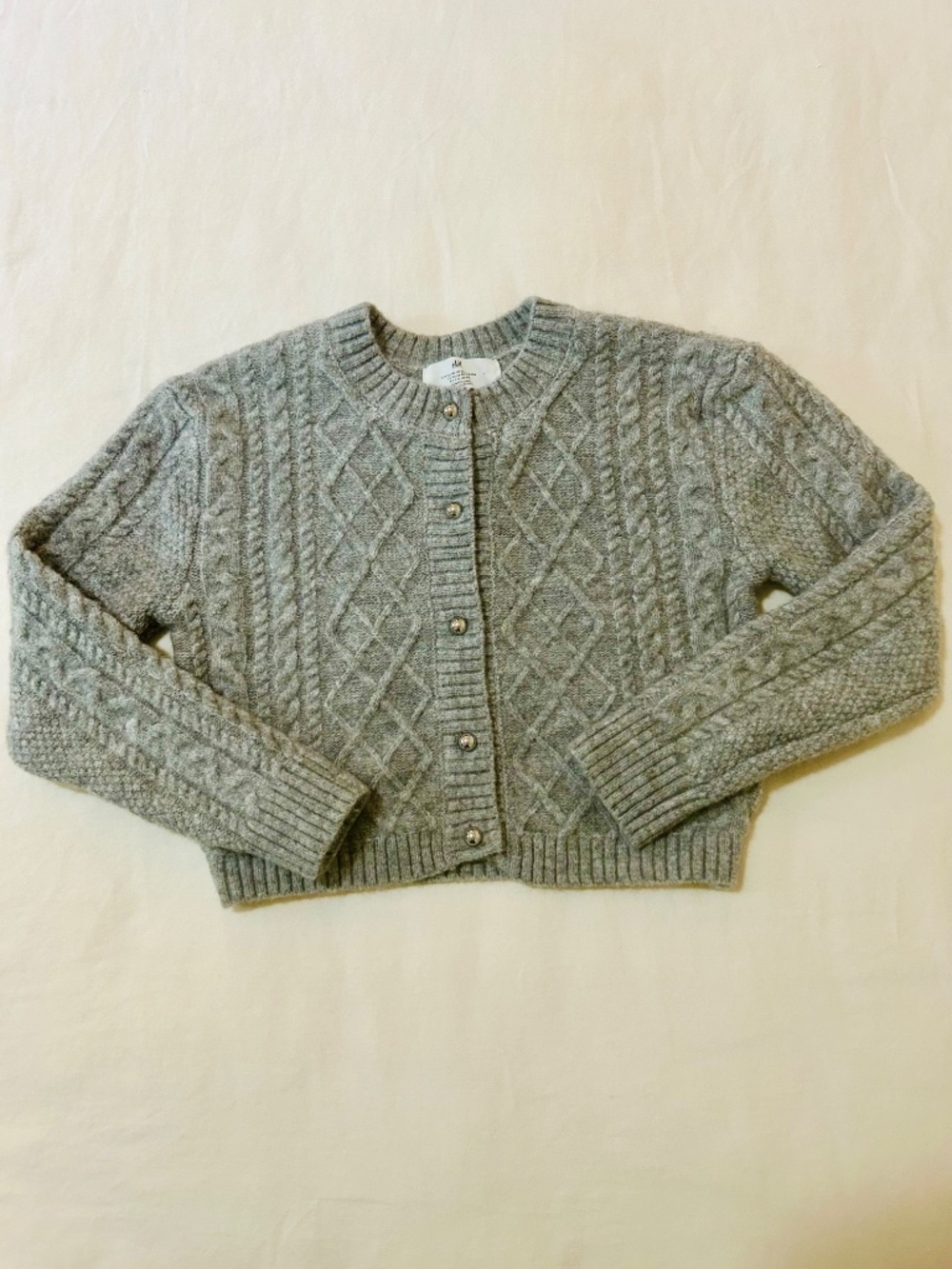 H&M Girls Sz 8/10 Gray Chunky Cable Knit Cardigan Sweater Wool Blend EUC